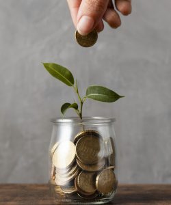 front-view-hand-adding-coin-jar-with-plant-other-coins